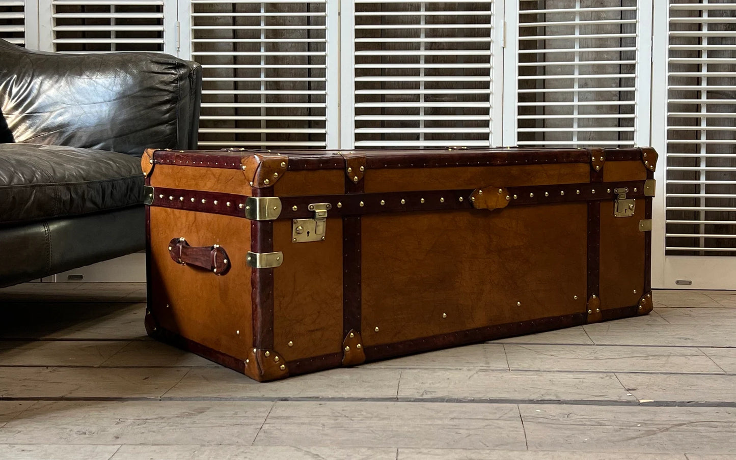 English Tan Leather Coffee Table