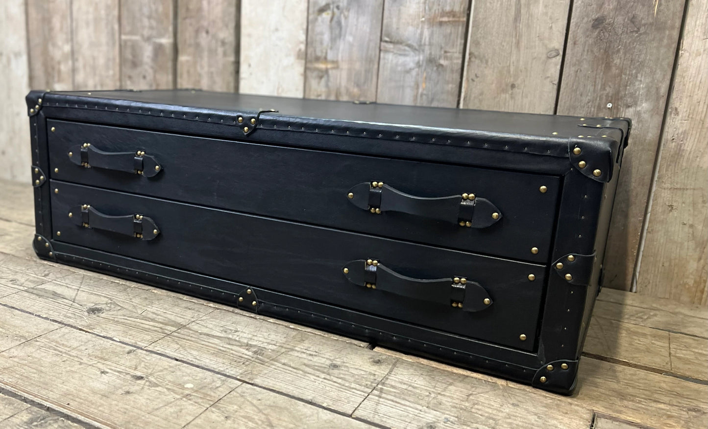 XL Black Leather Coffee Table Drawers