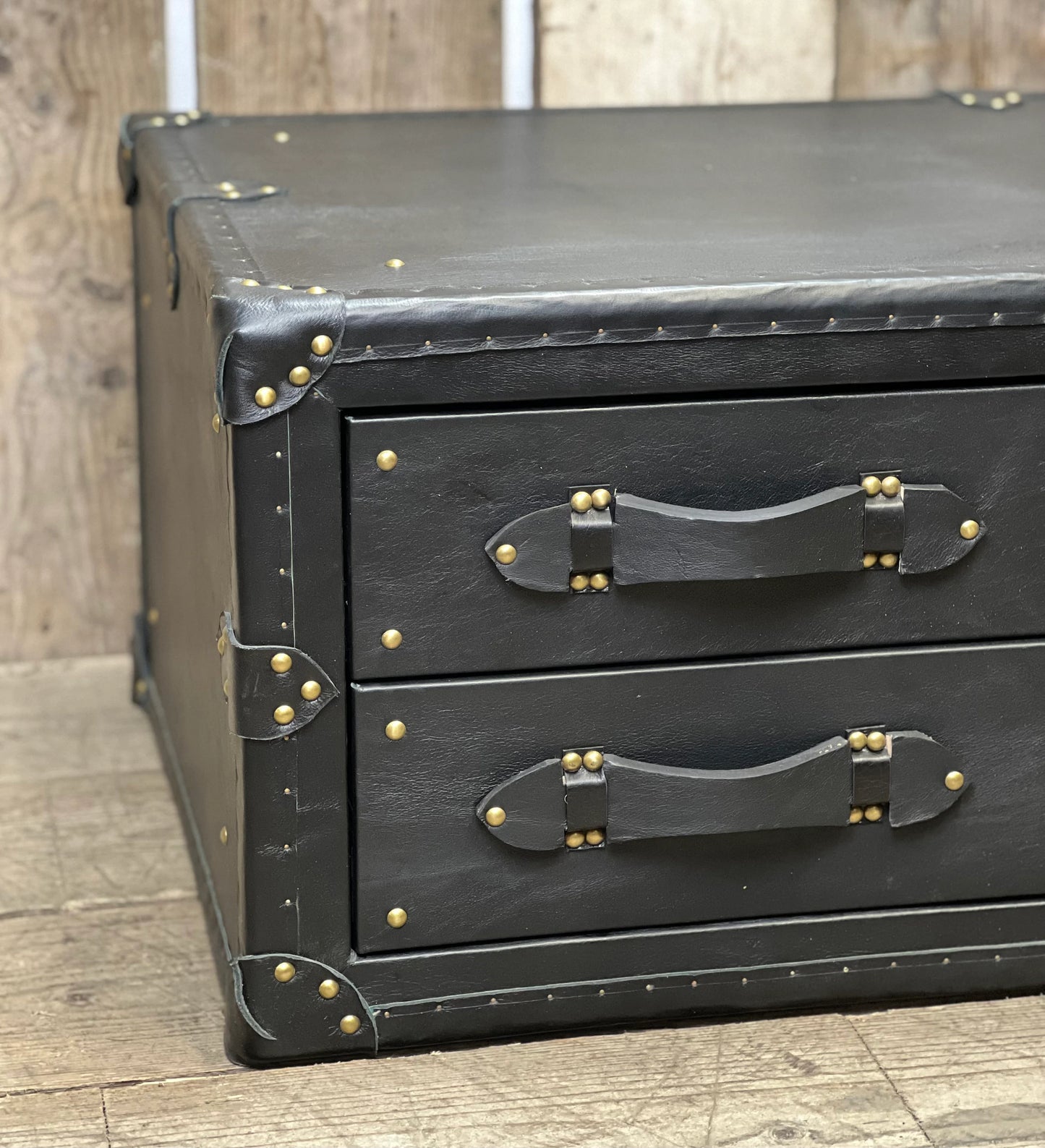 XL Black Leather Coffee Table Drawers