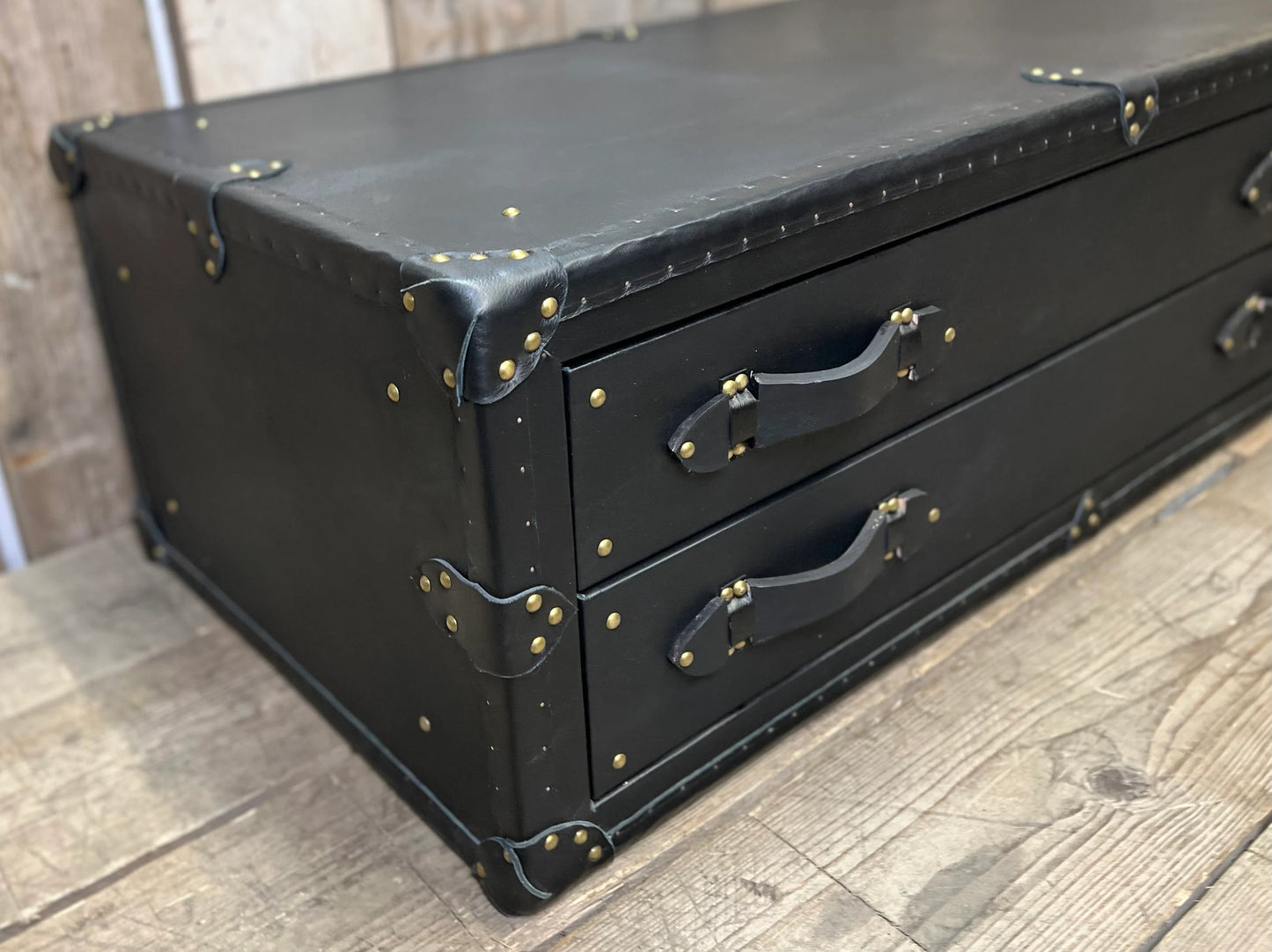 XL Black Leather Coffee Table Drawers