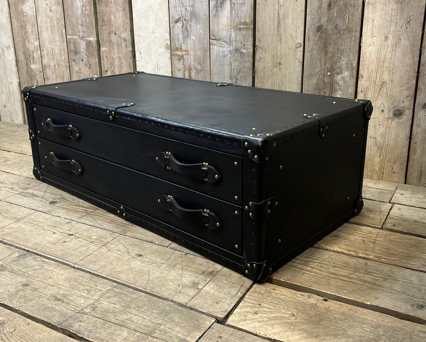 XL Black Leather Coffee Table Drawers